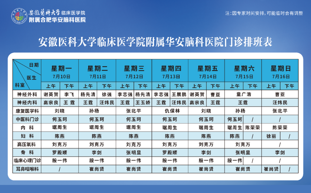 【专家坐诊】华安脑科医院2023年7月10日—7月16日门诊排班表