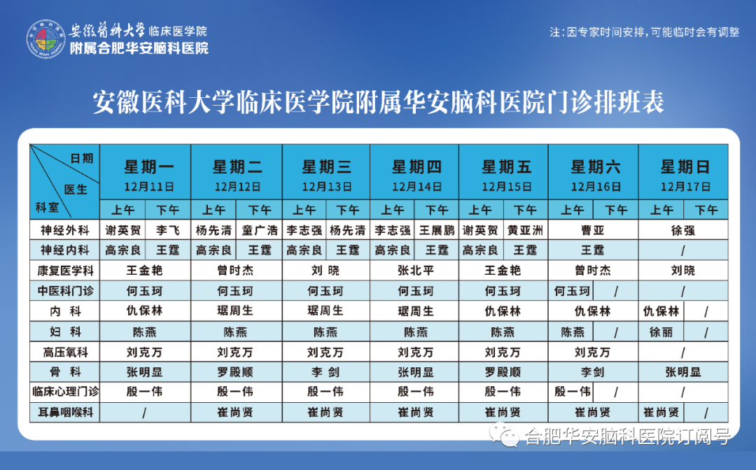 【专家门诊】华安脑科医院2023年12月11日—12月17日门诊排班表