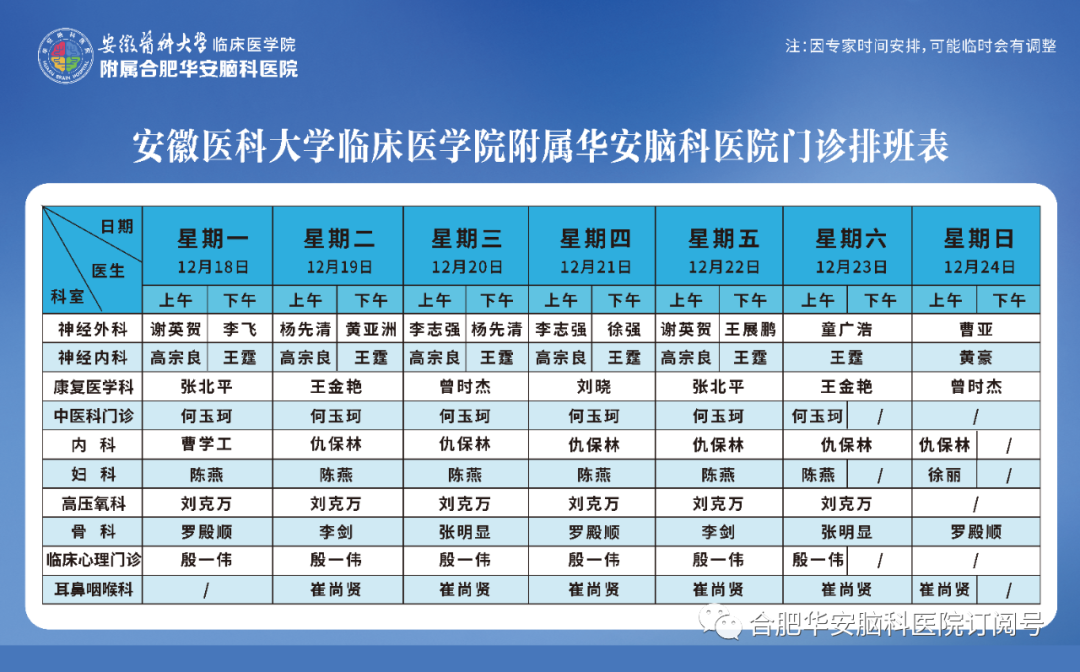 【专家门诊】华安脑科医院2023年12月18日—12月24日门诊排班表